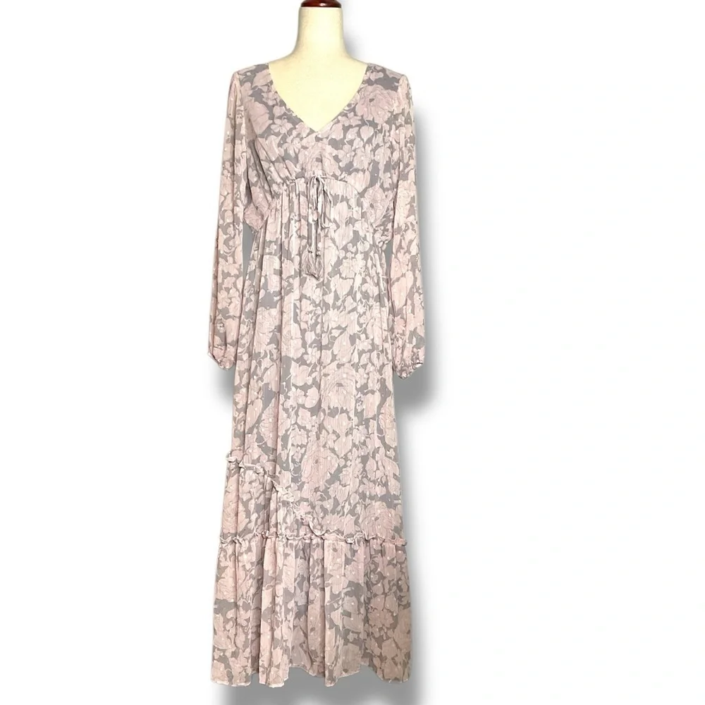 Lovestitch Pink & Grey Floral Balloon Sleeve V-Neck Tiered Maxi Dress Size Med - Picture 3 of 12